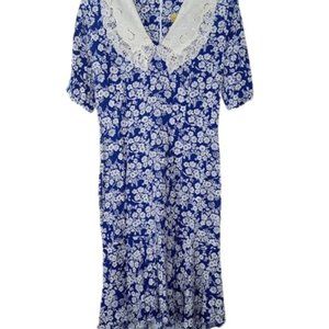 Vintage Jane Singer Womens A Line Dress Blue Floral Dolie Collar Cottagecore 8